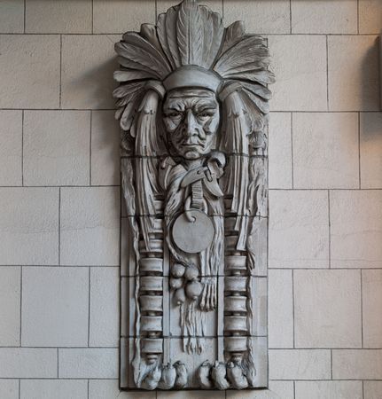Architectural detail of Native American man on building, Seattle, Washington