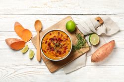 Concept of tasty food, sweet potato puree, top view