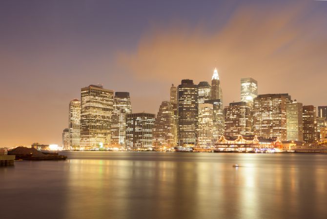 Glowing skyscrapers in twilight