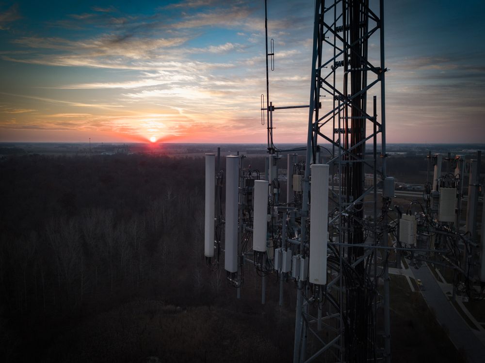 Utility tower in close up during sunset