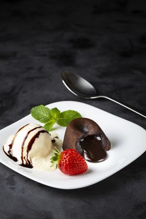 Petit Gateau dessert with ice cream.