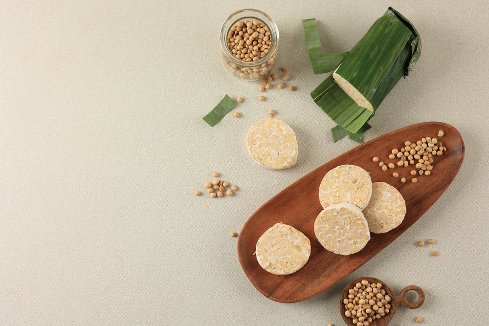 Raw tempeh on wooden plate with space for text