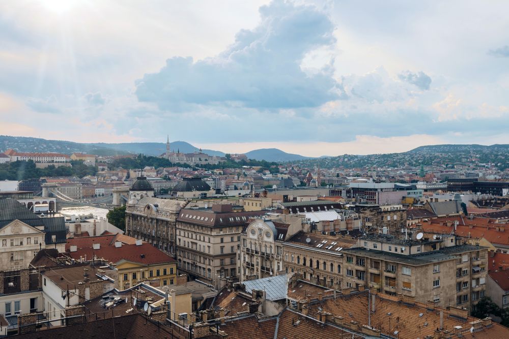 Majestic buildings and houses in bright cloudy day