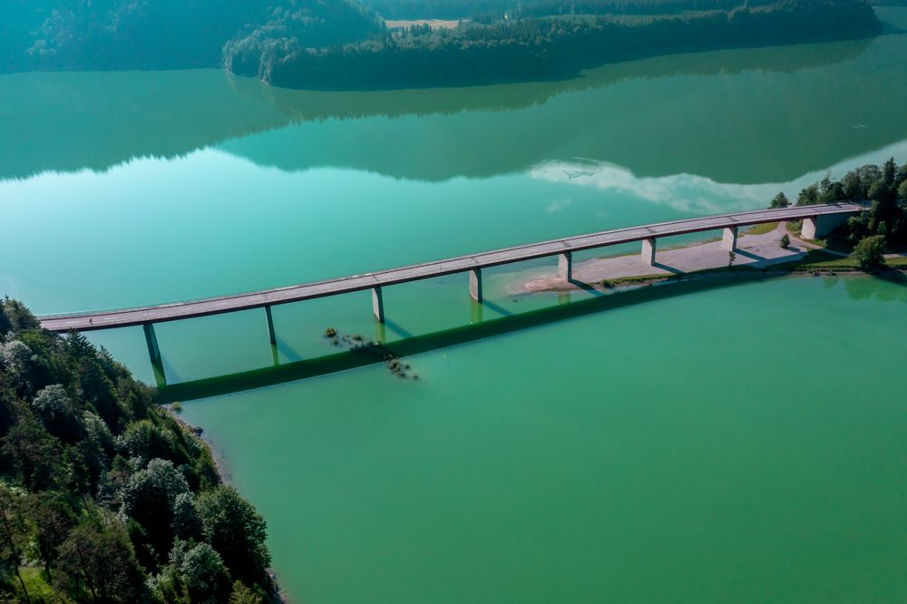 Aerial view of the bridge and Lake Sylvenstein in Bavarian Alps, Germany