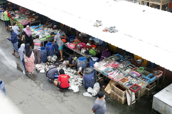 View looking down at fish market in Indonesia