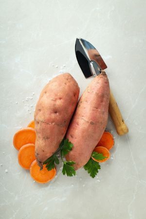 Concept of vegetables, sweet potato, top view