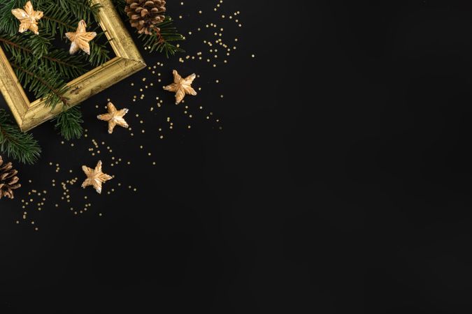 Holiday decorations, gold frame and leaves on dark background
