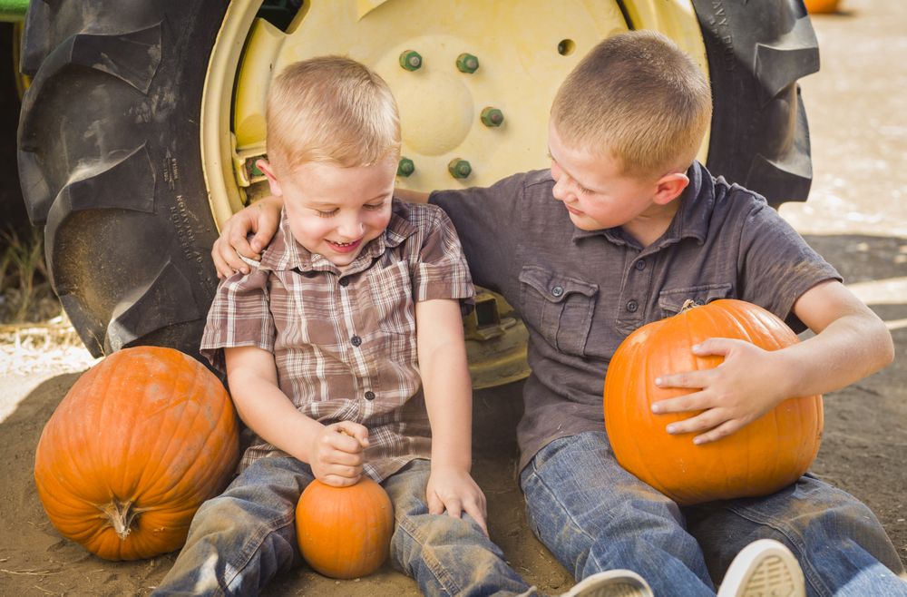 Two Boys Holding Pumpkins Talking and Sitting Against Tractor Tire