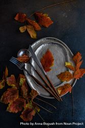 Top view of shiny ceramic plates with autumn leaves and cutlery bYAKYb