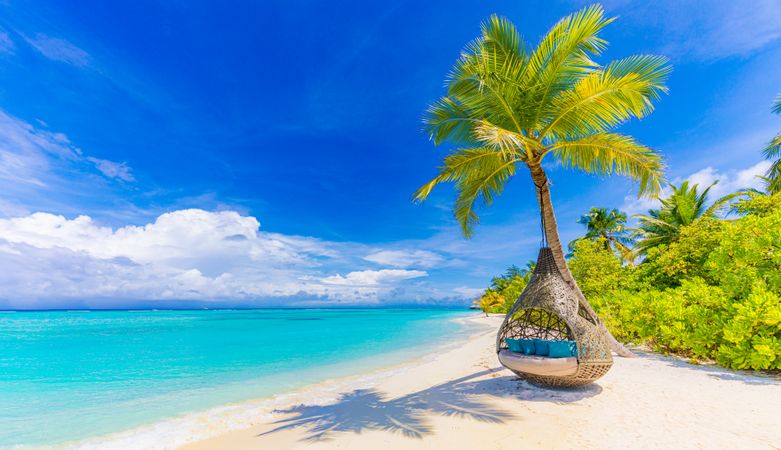 Tear drop chair on the beach with light sand and brilliant water