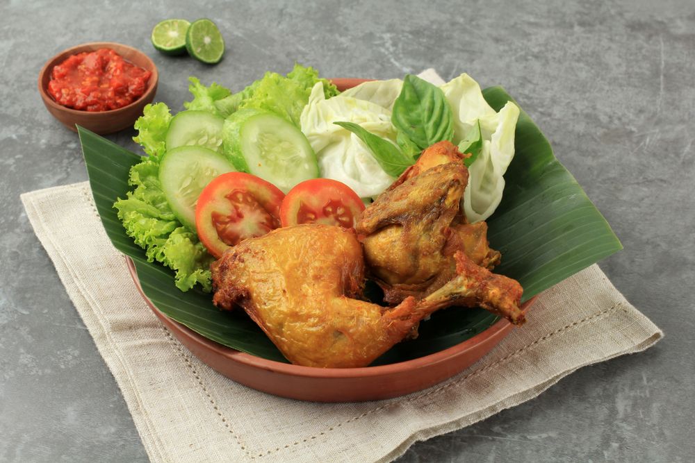 Ayam Goreng with Sambal, Deep Fried Spiced Fried Chicken with Fresh Vegetabble Lalapan