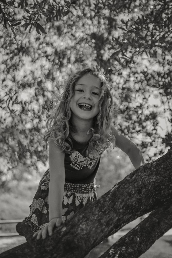 Smiling girl climbing tree in sunny day