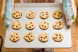 Woman holding a tray with baked cookies with kitchen gloves