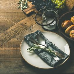 Fall holiday table decoration setting, copy space, square crop