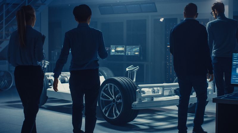 Team of Automobile Design Engineers Enter Automotive Innovation Facility Start Working on Electric Car Platform
