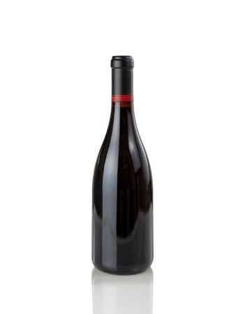 New red wine bottle isolated on plain background with reflection