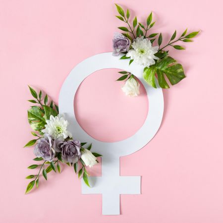 Gender symbol with flowers and leaves on pink background