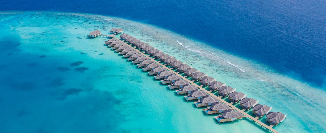 Wide shot of overwater bungalow