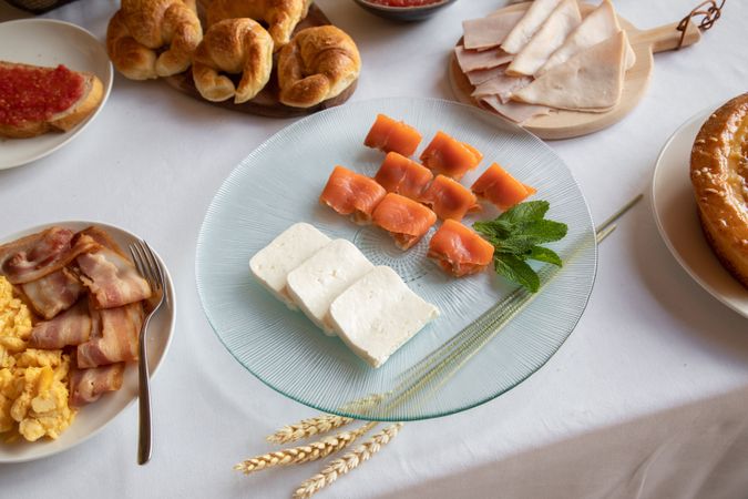 Stylish platter of seafood with cheese for snack