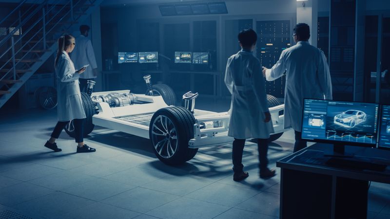 Team of Automotive Engineers and Scientists Discussing, Designing and Working on Electric Car Platform Chassis Prototype.