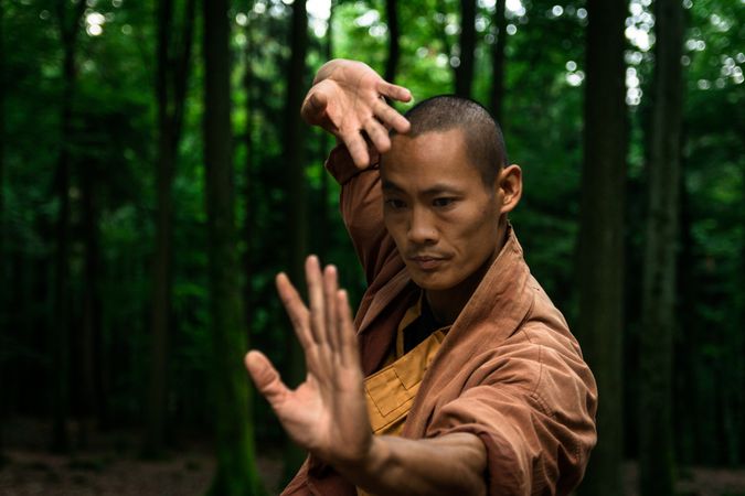 Asian man practicing martial arts in forest