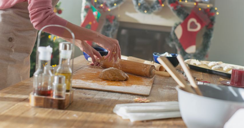 Close Up of Anonymous Female Preparing Dough for Making Gingerbread for Christmas at Home.