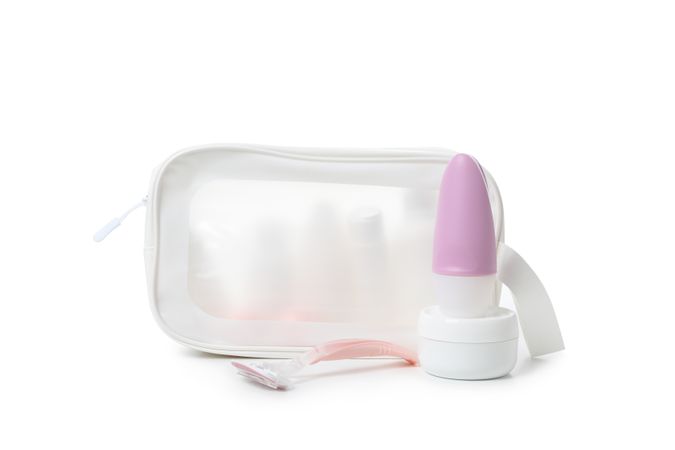 Bath accessories, toilet bag, isolated on plain background