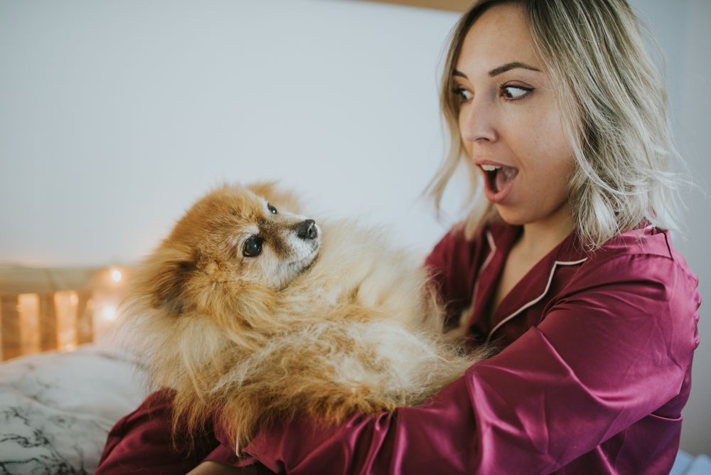 Smiling woman sitting in bed with dog