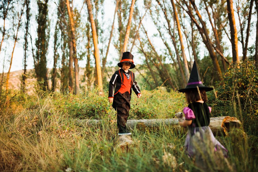 Two siblings in halloween costumes walking through the forest