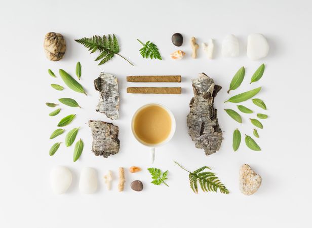 Layout made of leaves, stones, and tree bark on light background with coffee