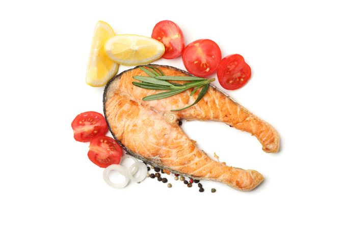 Tasty grilled salmon and ingredients isolated on blank background