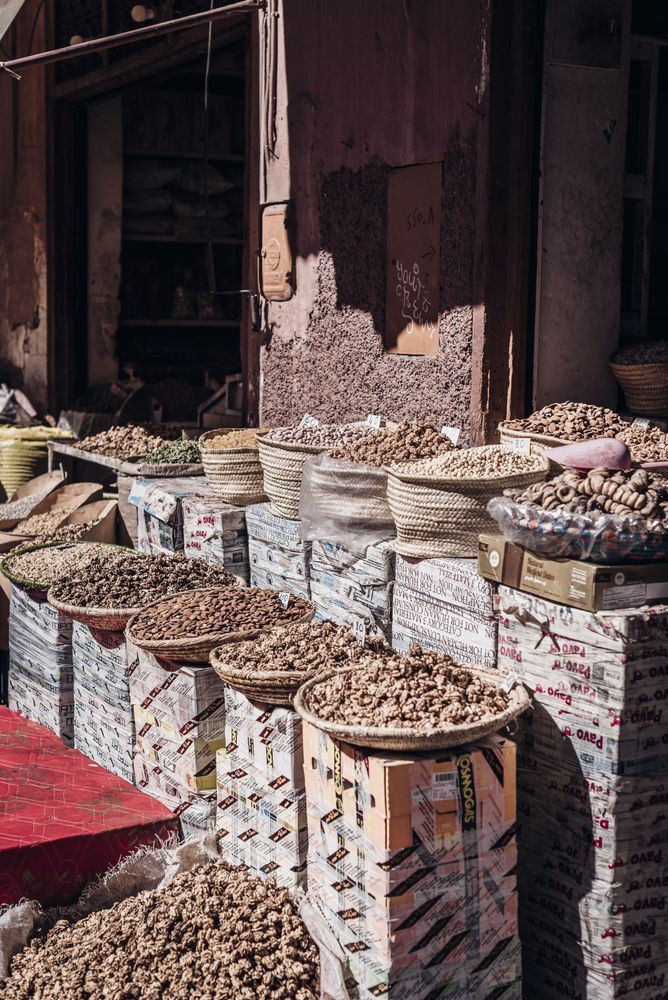 Baskets with dried spices on marketplace