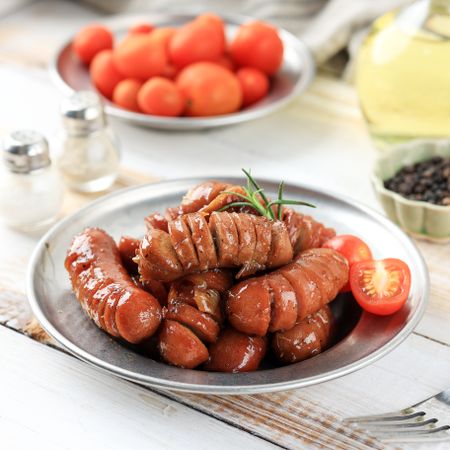 Stir Fry Beef Sausages on Rustic Plate