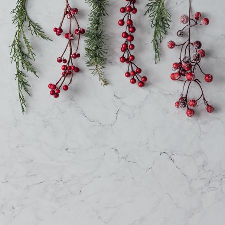 Christmas branches and berries on marble table