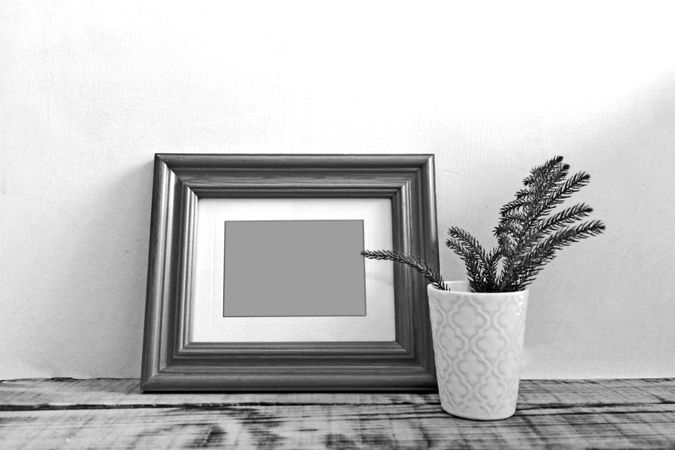 B&W shot of wooden picture frame leaning against wall next to plant in vase mockup