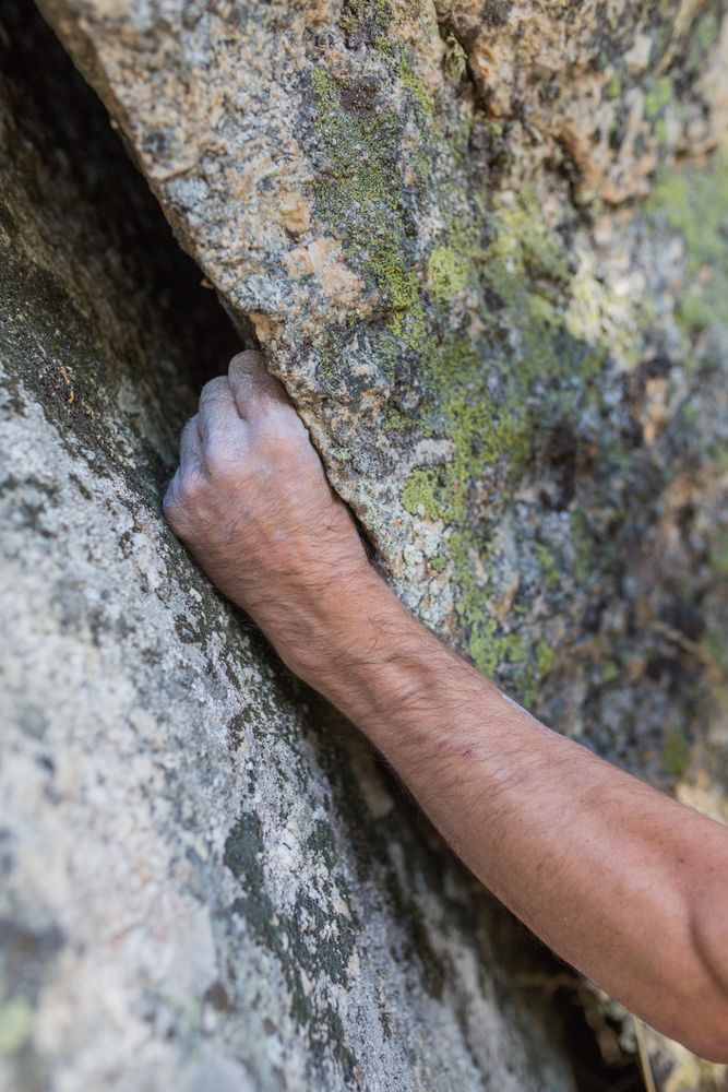 Hand of man climbing rock