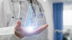 Doctor analyzing DNA hologram with AI