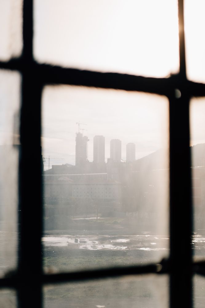 View of city through dirty window