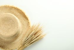 Top view of hat and bunch of dried flowers with copy space