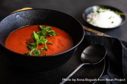 Gazpacho soup served in dark bowl 5qkDKE