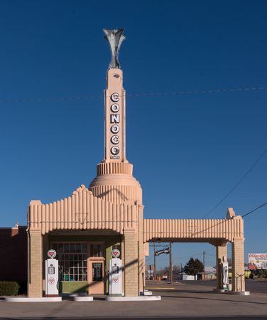 A carefully restored early Conoco gasoline station in Shamrock, Texas