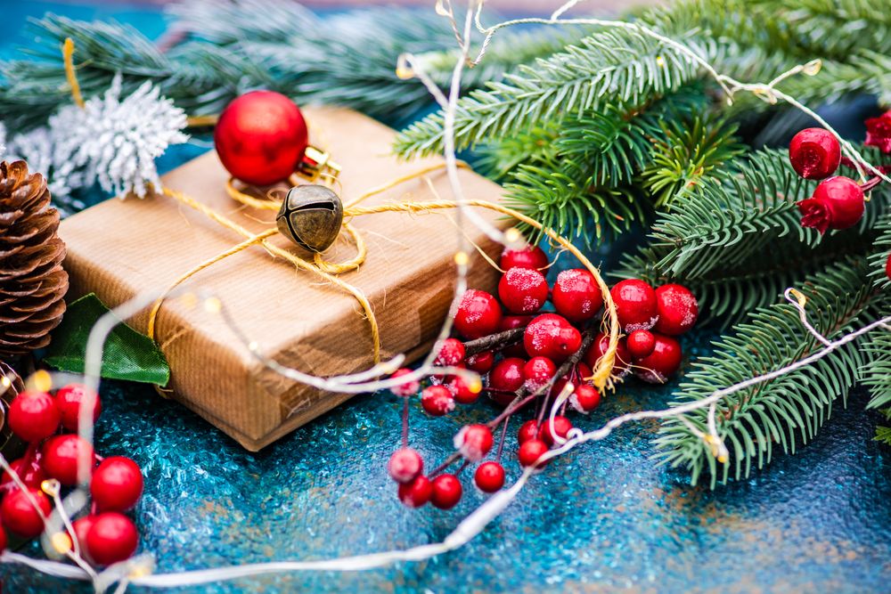 Christmas gift surrounded by fir, berries, bauble and pine cones
