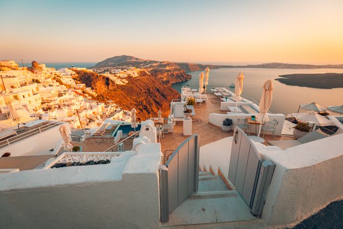 Sunrise over cafe rooftop in Santorini