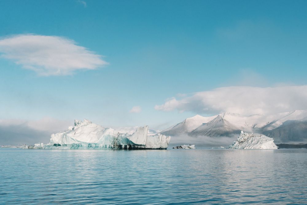 Ice on water and blue sky