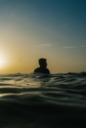 Silhouette of male surfer in water, vertical