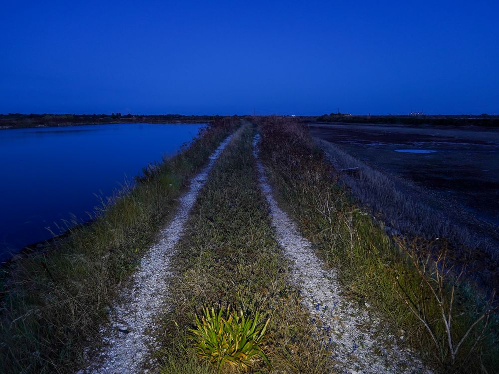 A farm road between an empty and a full salt marsh at twilight