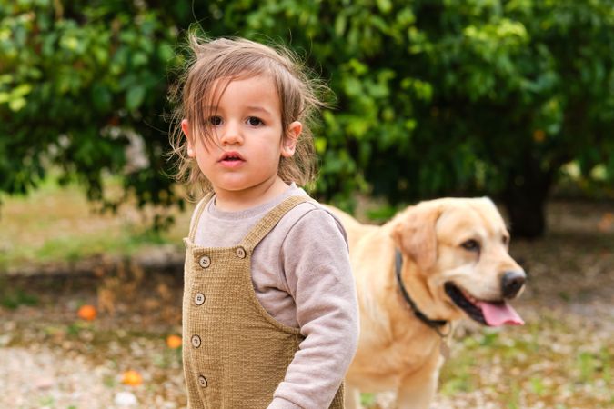 Cute boy with Labrador Retriever in garden