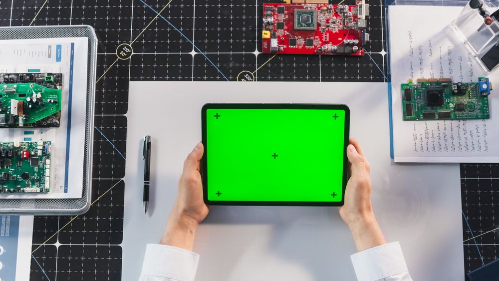 Creative Engineer Holding Tablet with Green Screen Mock Up Display Above a Desk with Microelectronics Components. Photo Template for Digital Presentation, Industrial Content Creation and Communication