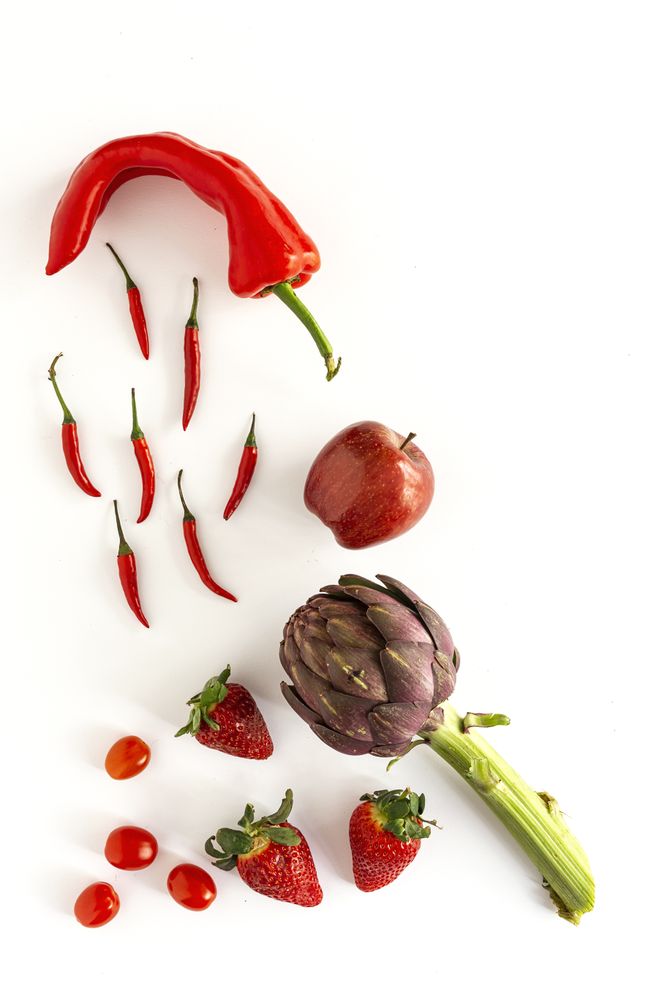 Mix of fruits and vegetables in red color