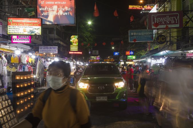 Bangkok, Thailand - January 22, 2020: Crowds of people and tourists on the famous Khaosan road